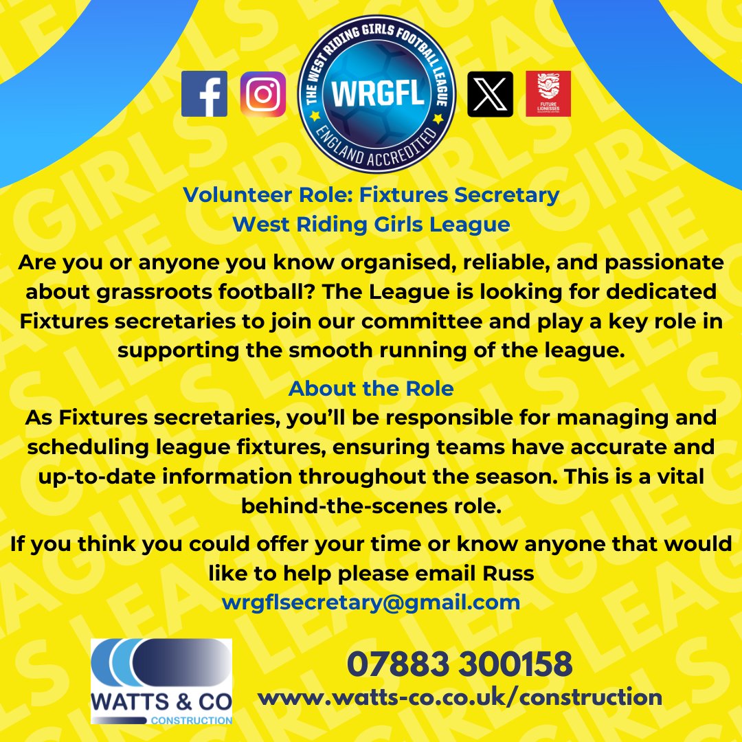 WRGFL_'s tweet photo. West Riding Girls Football League are looking for passionate and responsible volunteer to join the committee.

This important behind-the-scenes role helps ensure teams have accurate, up-to-date fixture information throughout the season.

#girlsfootball #VolunteerNeeded #wrgfl https://t.co/vBgdmPP6BX