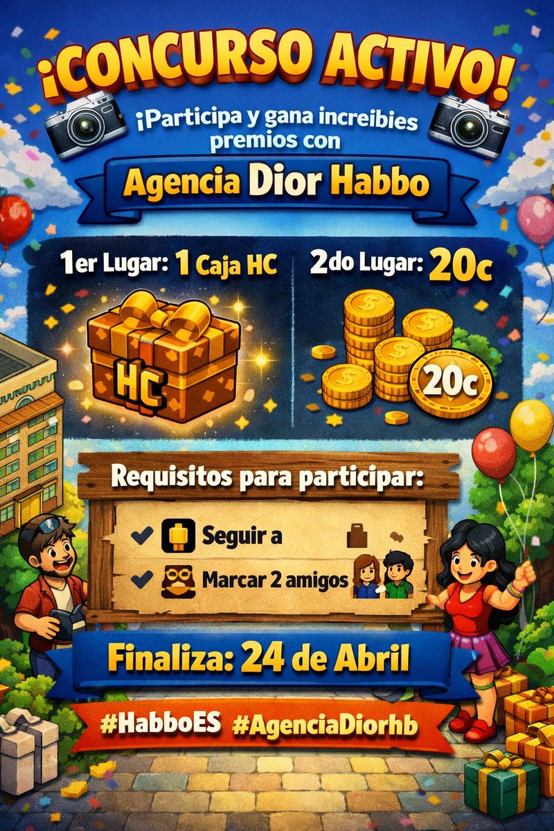 CONCURSO ACTIVO! 📷📷Participa y gana increíbles premios con Agencia Dior Habbo 📷 📷 1er Lugar: 1 Caja HC 📷 2do Lugar: 20c 📷 Requisitos para participar: 📷 Seguir a Finaliza 24 de Abril   📷 Marcar 2 amigos  #Habboes #AgenciaDiorhb