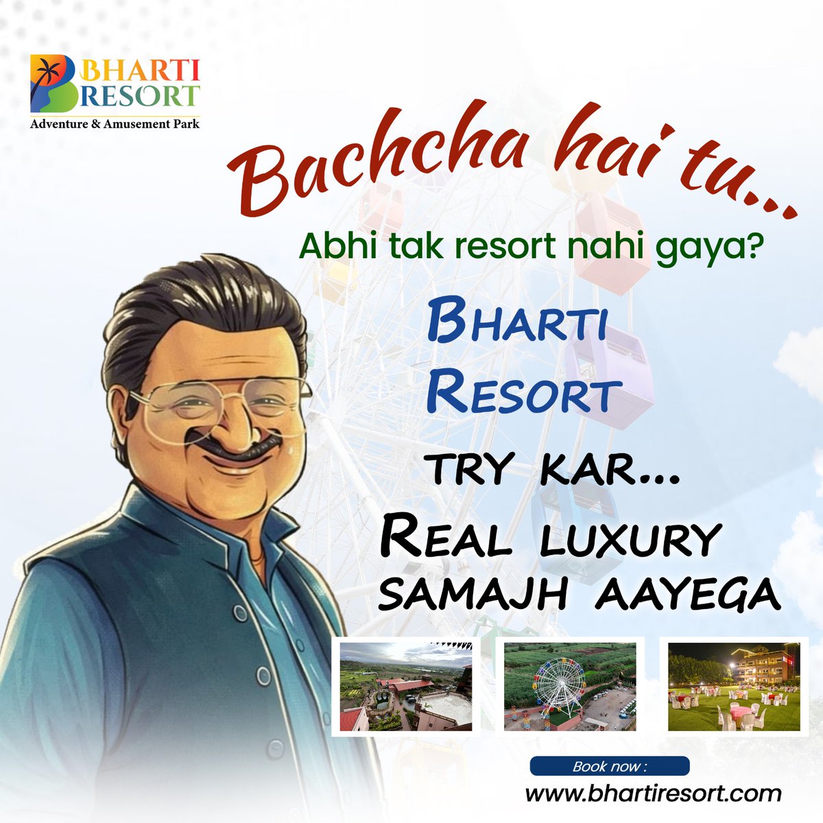BhartiResort's tweet photo. Bachcha hai tu… abhi tak Bharti Resort nahi gaya?😎✨
#BhartiResort #LuxuryGetaway #WeekendEscape #FamilyResort #RelaxAndUnwind #ResortLife #NatureAndLuxury #AdventurePark #AmusementParkFun #PerfectWeekend #TravelIndia #MiniVacation #FamilyFunTime  #ResortNearPune #PuneResort https://t.co/TijoUtOL5C