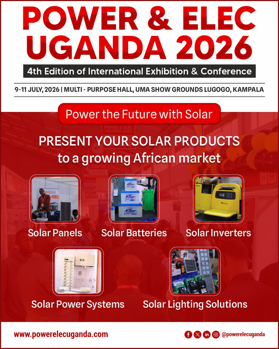 QMushabe's tweet photo. Book your Booth today to participate at the largest Electricity, Solar and Renewable Energy Exhibition in Uganda 9th-11th July #powerandelectricityugandainternationalexhibition https://t.co/DMY61q03Nq