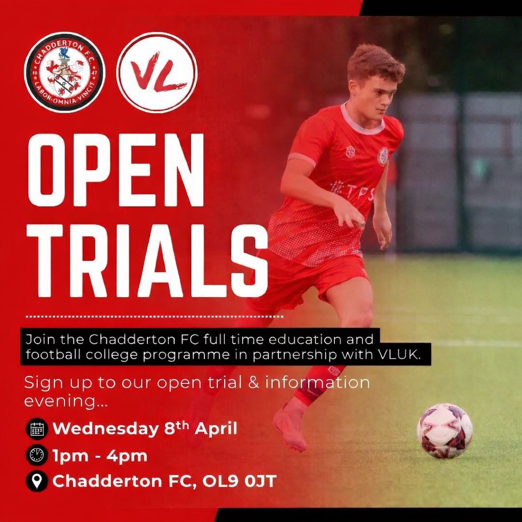 ChaddertonFC's tweet photo. Final call for tomorrow’s trials: Year 11 &amp; 12 Students 

To register complete form: https://t.co/Dpto5YKobS https://t.co/dqrfE2aSjM