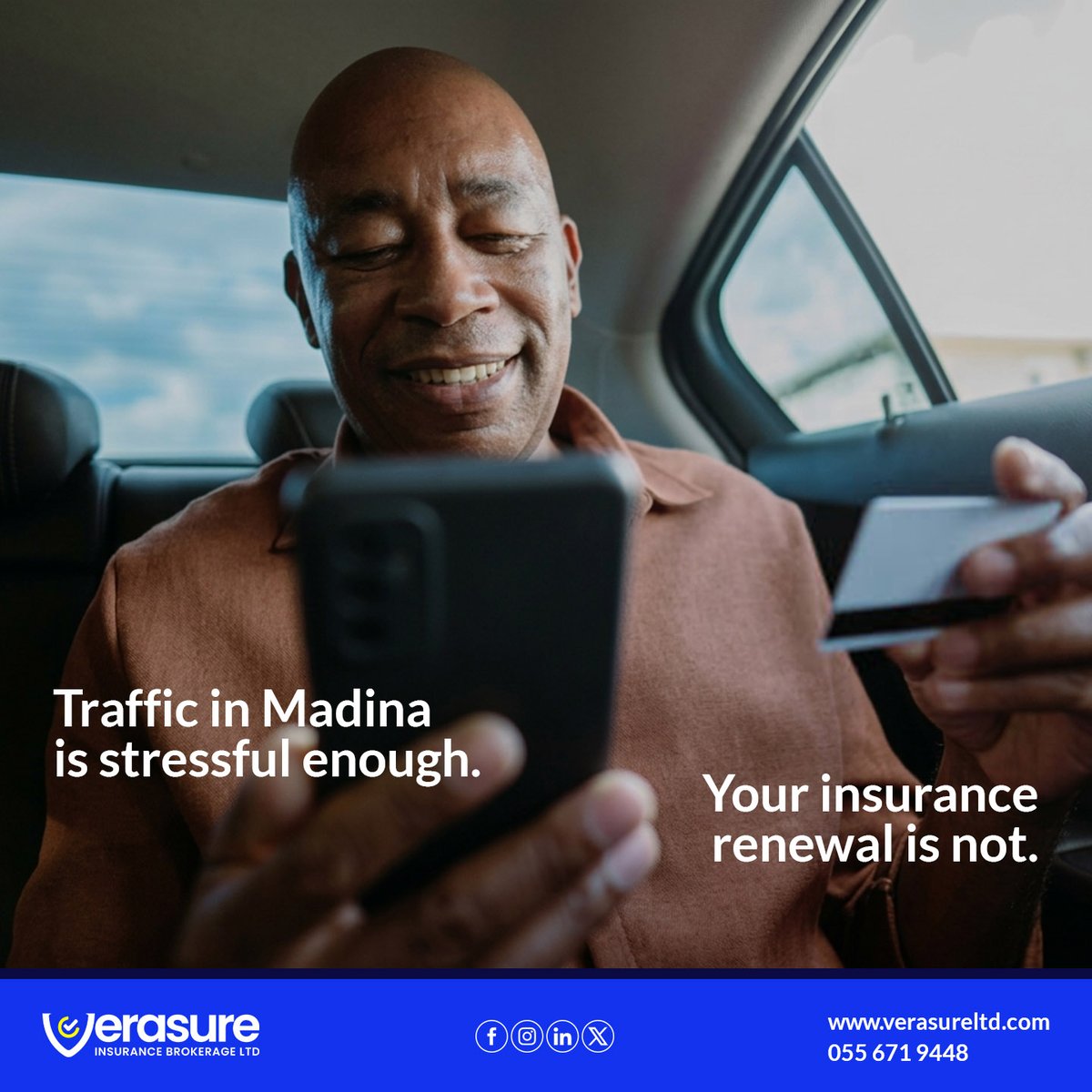 VerasureLtd's tweet photo. Insurance renewal while stuck in traffic at Madina? It should be a breeze, not a burden! 🌬️✨ Say goodbye to stress and hello to peace of mind. Let us help you navigate your renewal effortlessly.

Visit our website 🔗 https://t.co/beG6gyYVMq to learn more

#EasyInsurance https://t.co/a1c845wmWN