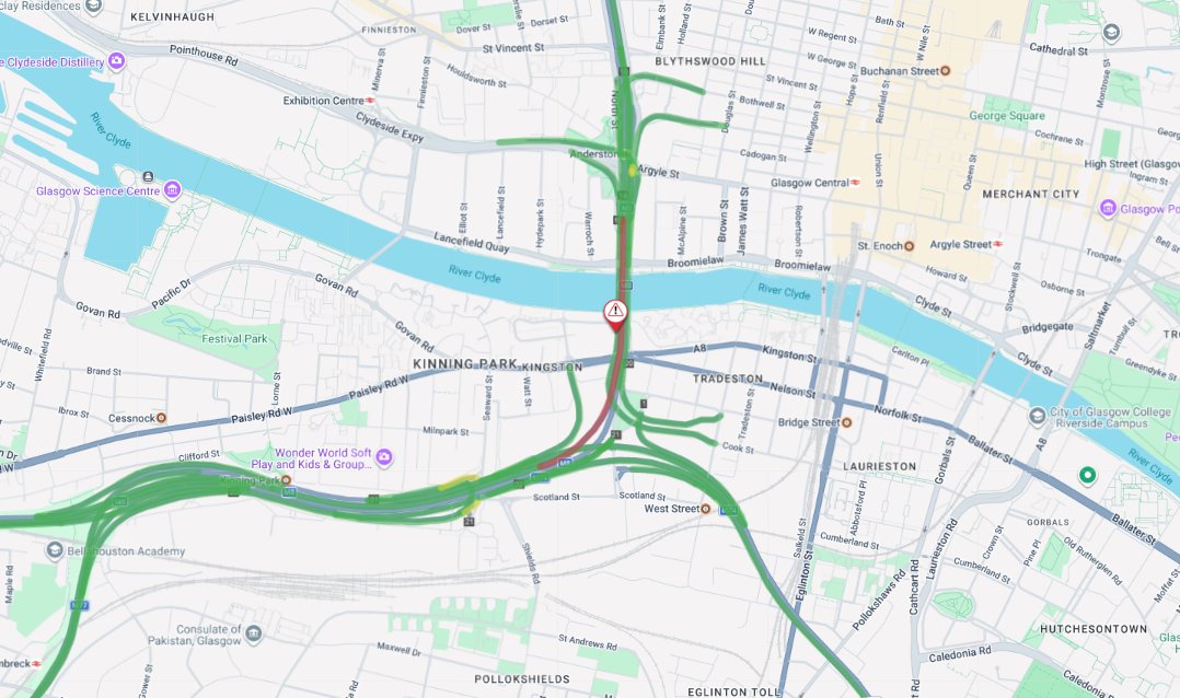trafficscotland's tweet image. ❗️NEW ⏲️11:25

🛣️#M8 E/B J19

⚠️The M8 eastbound has two lanes blocked at the Kingston Bridge due to a road traffic incident.

⌚️Traffic is already queuing on approach, #ExpectDelays

🏷️OC: @SWTrunkRoads 

🔗To check routes: traffic.gov.scot
