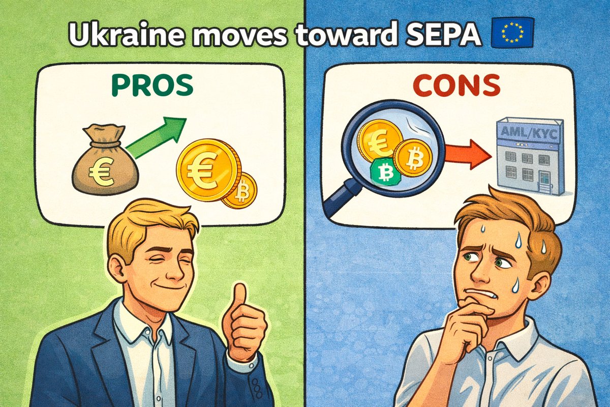 stangreen2012's tweet photo. Ukraine moving toward SEPA is a bigger deal than it looks.

For crypto, it’s kind of a double-edged sword.

On one hand --> EUR transfers get faster and cheaper. Moving money between bank and exchanges becomes way smoother. That’s a big win.

On the other --> way more transparency. If you’re using CEX, your flows are easier to track. Presales and anything “grey” might get more attention.

Feels like we’re slowly leaving the wild west phase.

Long term though? Probably bullish.

Once restrictions ease, being able to move EUR in and out freely could unlock a lot of liquidity.

#Crypto #SEPA #Ukraine