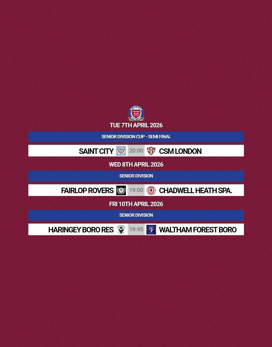 EssexAllianceFL's tweet photo. 𝗠𝗜𝗗𝗪𝗘𝗘𝗞 𝗙𝗜𝗫𝗧𝗨𝗥𝗘𝗦

Some midweek football this week with semi-final action this evening followed by league action tomorrow &amp; Friday

#EAL #Week33 https://t.co/0MaoMg4KGM
