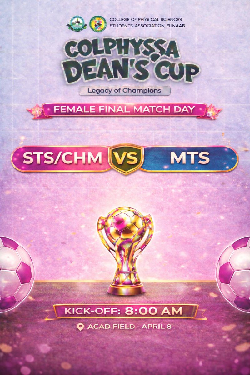 Pablo16Lord's tweet photo. Queens of the pitch, it’s your time! 👑⚽🔥

Making history in the first-ever Female Dean’s Cup Final! 🏆✨

STS/CHM 🆚 MTS
Who will rise as champions? 👑

📍 Acad Field
⏰ 8:00 AM | April 8

#DeansCup #FemaleFinal #FirstEver #COLPHYSSA https://t.co/0ykZjzfouf