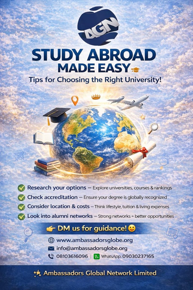 AGN_edunext's tweet image. Choosing the right university abroad? Keep it simple:  
1️⃣ Check accreditation &amp;amp; rankings  
2️⃣ Match courses to your career goals  
3️⃣ Compare costs + scholarship options  
Need help? DM us — we make it easy!  

#StudyAbroad #InternationalStudents #EducationConsultancy #AGN