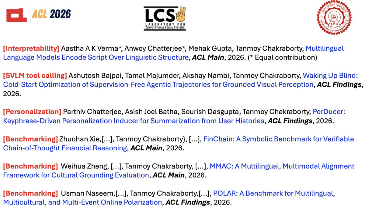 Tanmoy_Chak's tweet image. Six papers from our lab have been accepted for publication in #ACL2026. The papers cover topics including Interpretability, empowering small VLMs with advanced tool calling, LLM personalisation, and different benchmarking.

#nlproc @aclmeeting