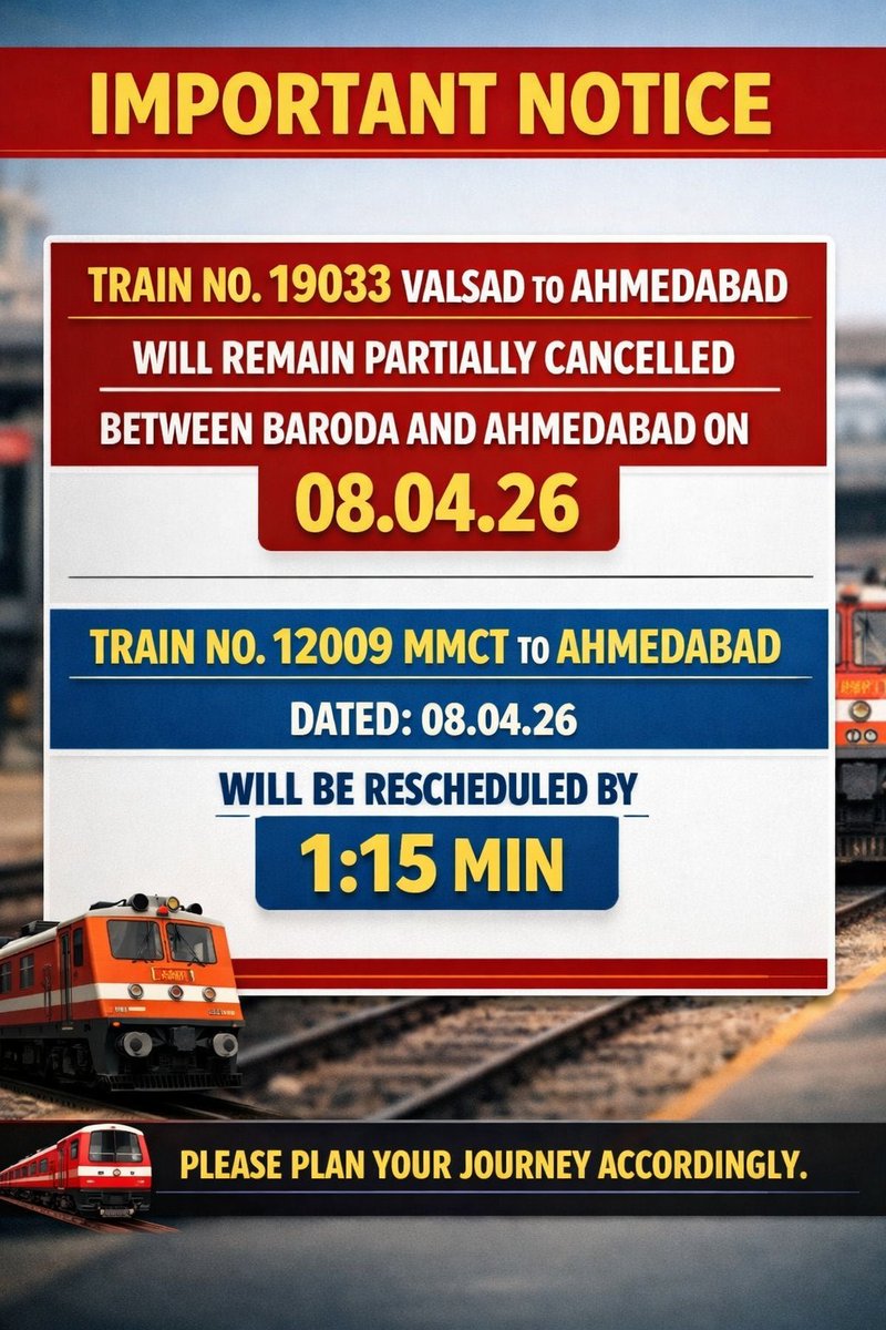 DRMBRCWR's tweet image. 🚆ट्रेन अपडेट सेवा

#IndianRailway #WesternRailway #VadodaraDivision #Railupdate