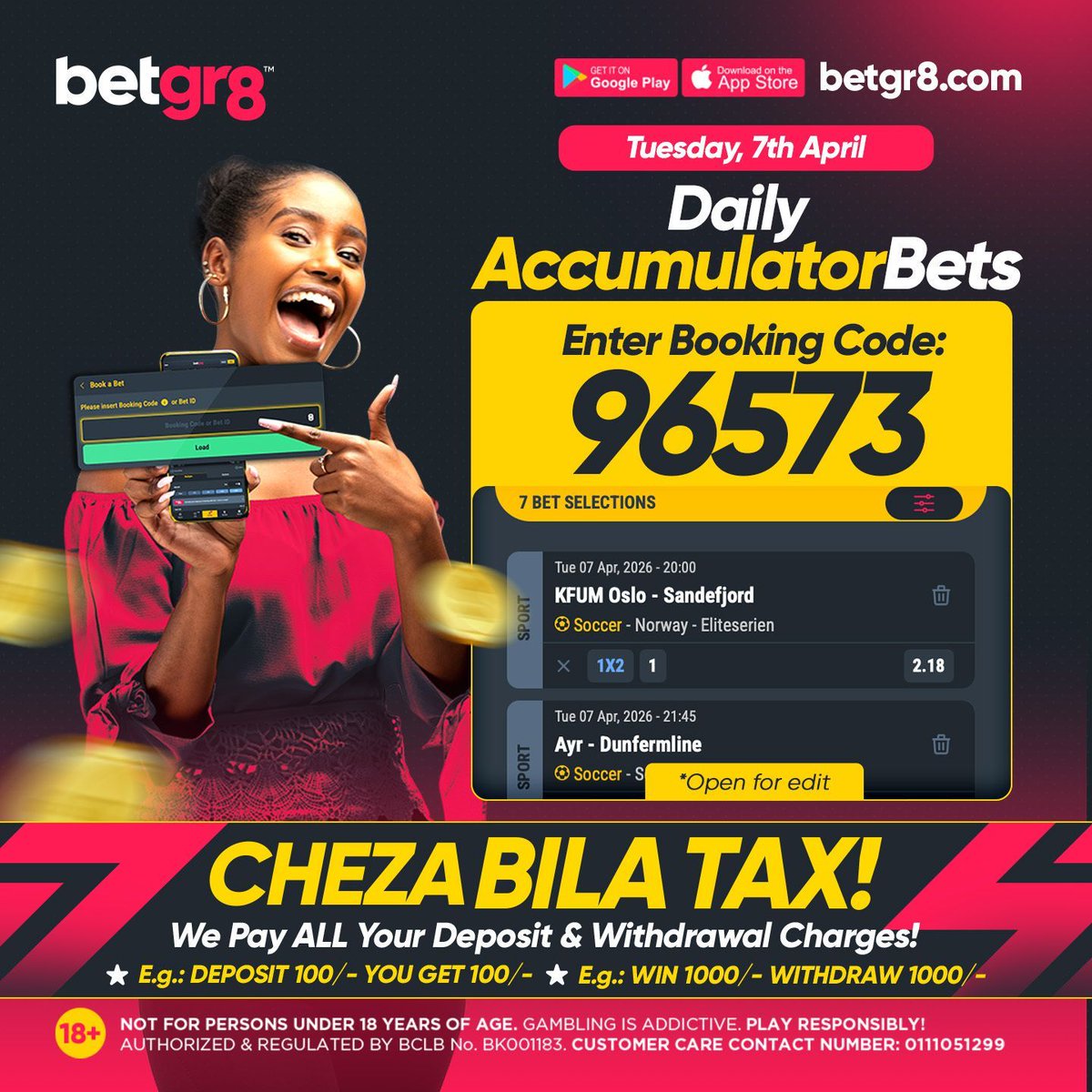 betgr8ke's tweet image. Tuesday’s 𝐁𝐨𝐨𝐤𝐢𝐧𝐠 𝐂𝐨𝐝𝐞 is 𝐋𝐈𝐕𝐄!
Your slip is set &amp;amp; loaded with GR8 odds!
🔓 Enter Code: 𝟗𝟔𝟓𝟕𝟑
👉 betgr8.com/ke/retrieve-bo…

Review, fine-tune your picks, and stake!
Win BIG and keep 100% of your winnings. NO deductions! 

18+ | #Betgr8 #BookingCode #BoostedOdds