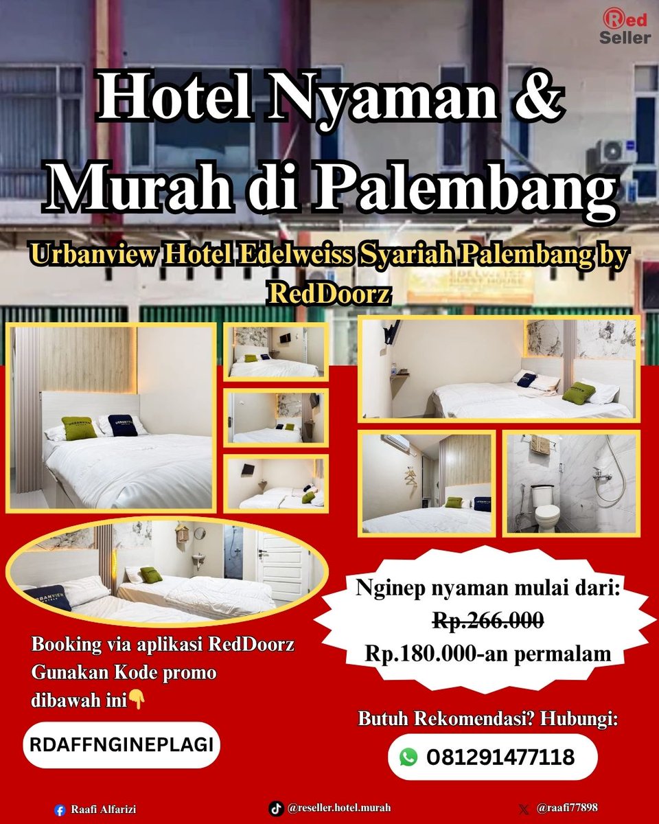 raafi77898's tweet photo. Nginep di Urbanview Hotel Edelweiss Syariah Palembang, ternyata emang senyaman itu.
Bersih, tenang, &amp; cocok buat istirahat tanpa gangguan.

Bisa jug booking via apk #RedDoorz &amp; isi kode promo RDAFFNGINEPLAGI (lebih aman &amp; sering promo).

Staycation enjoy, RedDoorz pilihan coy https://t.co/ETPyKkFYbt