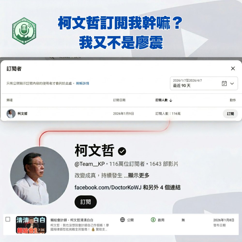 Taiwan_Dreamer's tweet photo. 剛剛滑YT後台的時候突然有個驚人發現，就是柯文哲在今年1/9訂閱了我。

根據我上傳紀錄來看，他是在收看「賴給會計師，柯文哲清清白白」這部影片後按下訂閱。現在是怎樣（吳怡萱語氣），他是把我跟廖震搞錯了嗎？還是因為最近整天在看我的節目，所以上禮拜才把賴清德喊成賴翔德？

各位，破案啦！

先說，即使訂閱我，我也不會幫你打二審的喔！