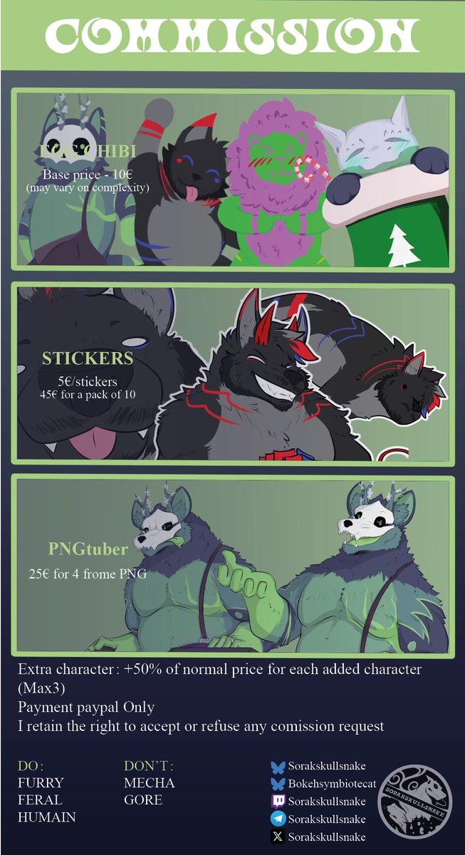 Ouroboros8snake's tweet photo. Je vous repartage ma commission price list mis à jour ! Mes commissions sont toujours ouvertes, hésitez pas à DM ! 💚 https://t.co/UphFb0BHZQ