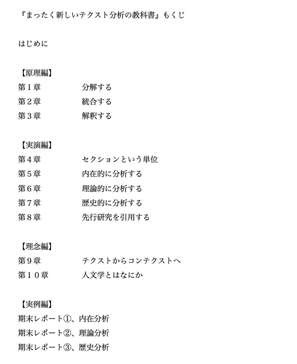 📣 『まったく新しいテクスト分析の教科書』（光文社）、仮もくじ！！！！！！！

夏に刊行予定です。乞うご期待ッッッ🏄