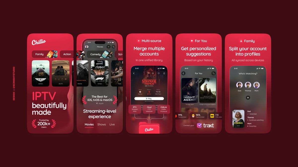 scrnshtstudio's tweet image. Just refreshed the App Store screenshots for Chillio IPTV.

Worked closely with Chillio's team to craft a concept that highlights the product’s technical depth while keeping a strong entertainment vibe.