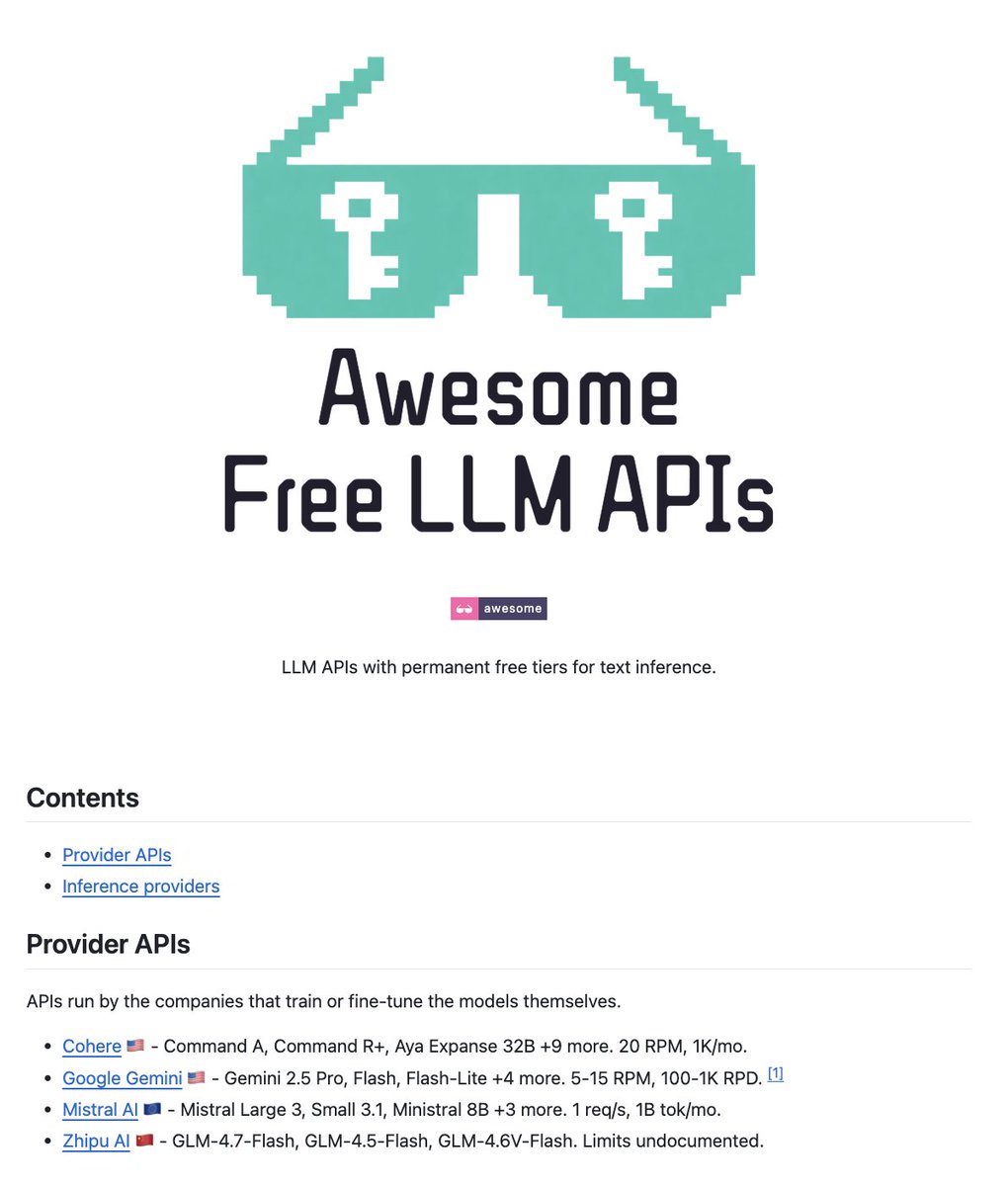 oliviscusAI's tweet image. someone just open-sourced a master list of every free llm api on the internet.

100% open-source. 100% free.
