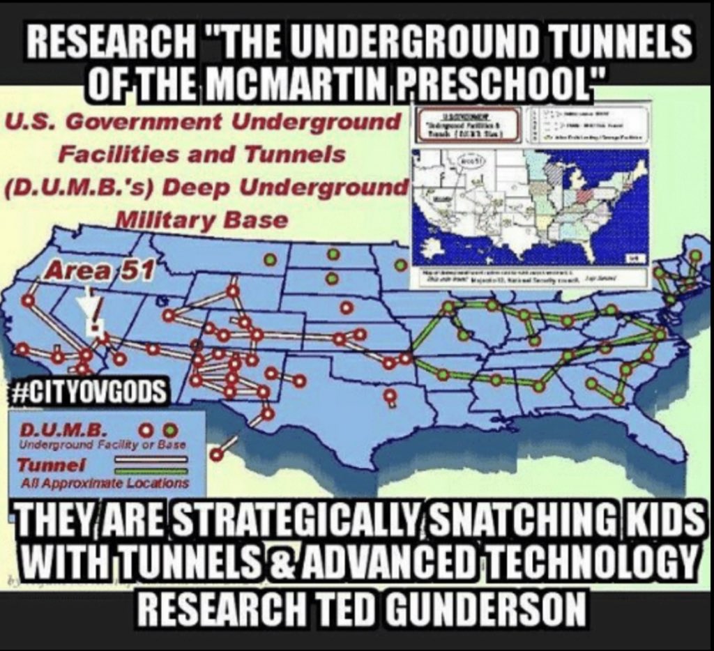 tampathalyn17's tweet image. DYOR: 
“The underground tunnels of the McMartin preschool” 

Look Up!
[D] Deep 
[U] Underground 
[M] Military 
[B] Bases 
#DUMBs 
#TheWorldIsAwakening