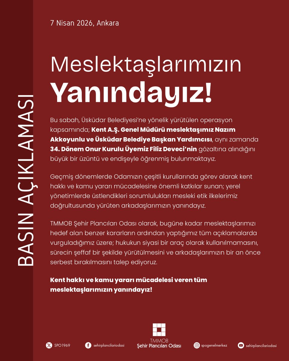 SPO1969's tweet photo. Kamu Hizmeti Suç Değildir!

Üsküdar Belediyesi’ne yönelik operasyon kapsamında gözaltına alınan meslektaşlarımızın yanındayız.

Hukukun siyasi bir araç olarak kullanılmamasını, sürecin şeffaf yürütülmesini ve arkadaşlarımızın bir an önce serbest bırakılmasını talep ediyoruz.

Kent hakkı ve kamu yararı mücadelesi veren tüm meslektaşlarımızın yanındayız!