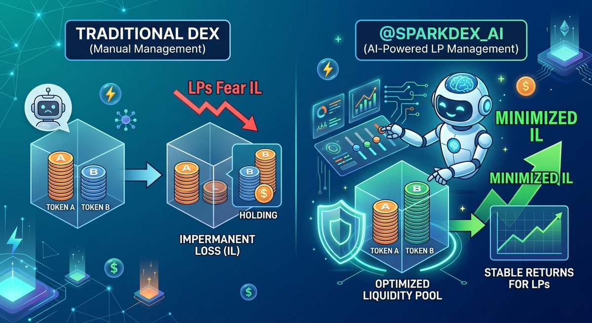 4AhomeLOAN's tweet photo. Day 3: The "AI" in @SparkDEX_AI. π€ This is the holy grail for Liquidity Providers (LPs). We all fear Impermanent Loss (IL)βwhen your tokens are worth less than if you just held them. How does SparkDEX fix this? π§΅π
#AI #DeFi #YieldFarming #PassiveIncome #SparkDEX https://t.co/9cYqGgIyfx