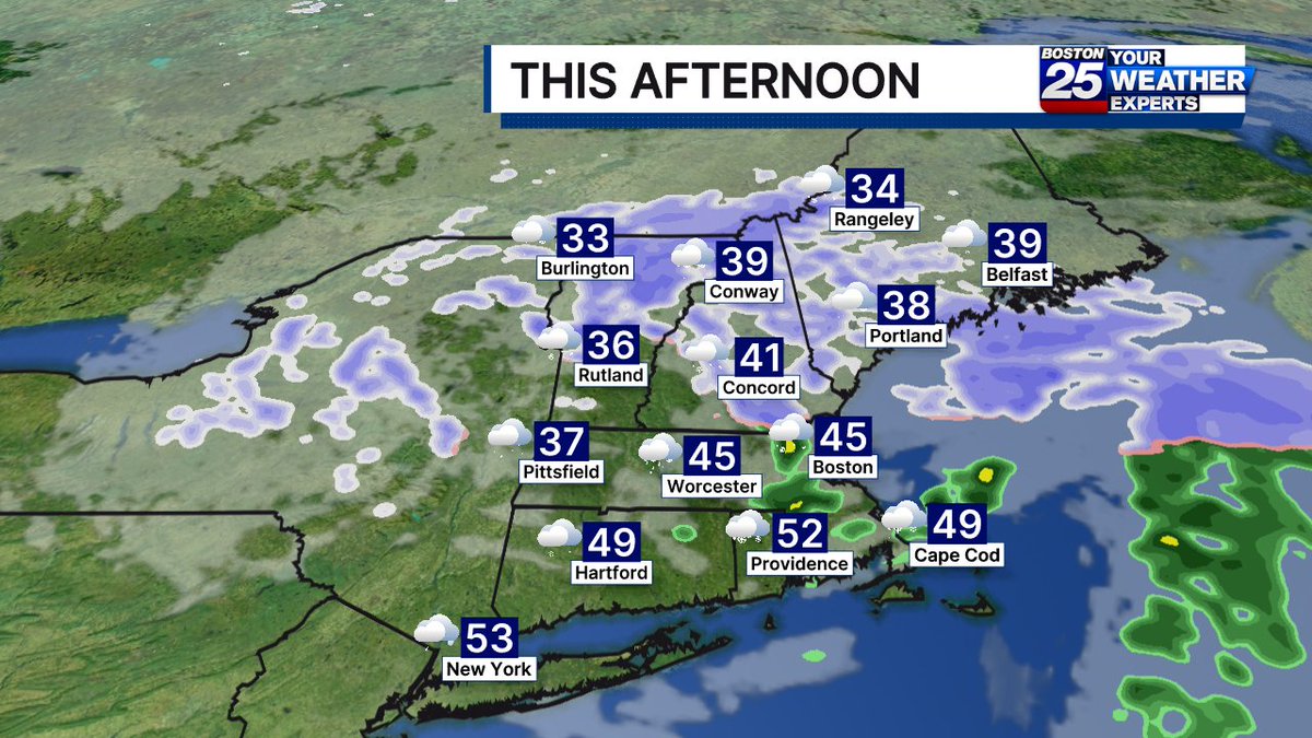 ShiriSpear's tweet image. Today will be cool and mainly cloudy with some patchy rain/snow showers. Spring-like temps return late week! @boston25 #mawx #boston #massachusetts