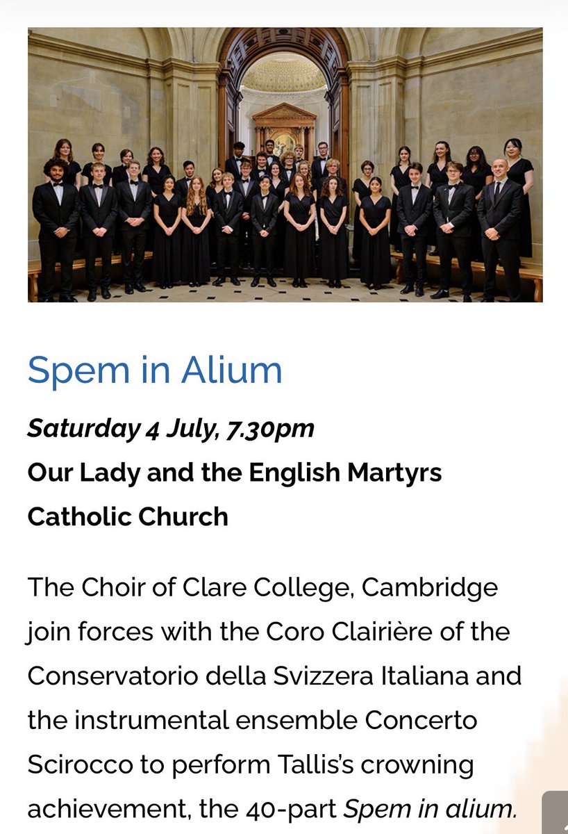 ClareChoir's tweet photo. @cambridgemusic 2026 Programme released today! 

4 July 2026 @OLEMCambridge 
@ClareChoir &amp; Coro Clarière Lugano
@mrgrahamross &amp; Brunella Clerici, conductors

TALLIS Spem in alium
STRIGGIO Missa sopra Ecco sì beato giorno (complete with 60-part Agnus Dei!)

https://t.co/Jo3fJqUtM1 https://t.co/2LvJelNfLd