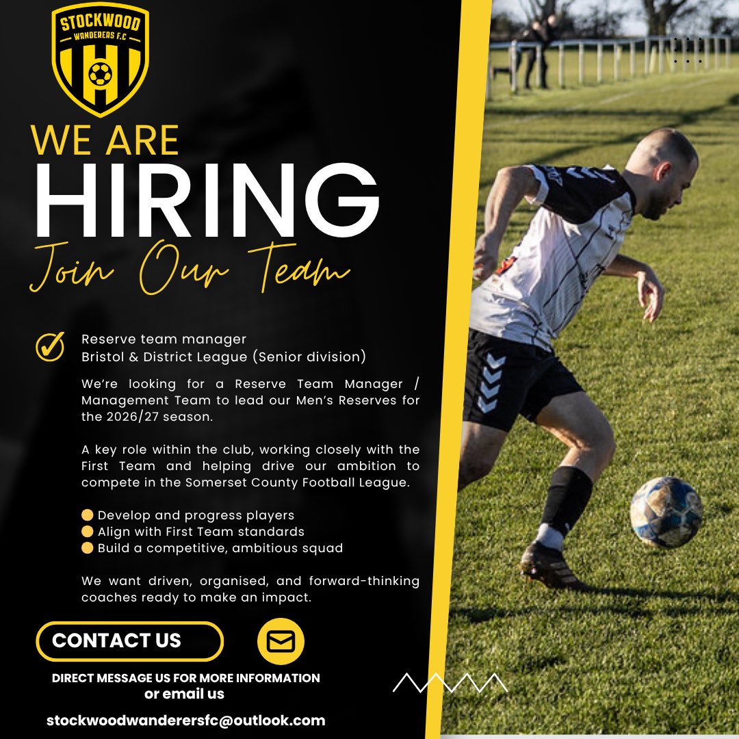 Stockwoodwands's tweet photo. ⚫️🟡 Our reserve side is looking for a new manager/management team for the 26/27 season. 

Get in touch for more information! https://t.co/621fmb4CDI