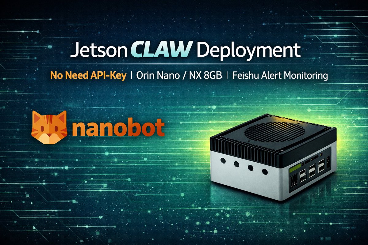 seeedstudio's tweet photo. Built a private AI assistant that lives on #Jetson. No cloud, no API fees. 🤖

This wiki shows how we deploy a fully local AI agent stack on an entry-level @NVIDIARobotics #Jetson #OrinNano / #OrinNX 8GB, using the lightweight #nanobot framework —all running privately on-device.

✨ Why This Setup is a Game Changer for Developers:
True Local First: Zero data leaves your device. It’s your private copilot.
Cost-Effective & Always On: A one-time hardware investment replaces recurring cloud API fees.
Practical & Extensible: Beyond chat, we add a USB camera monitoring skill, allowing the AI to analyze its surroundings and send alerts via chat.

👉 Follow the step-by-step tutorial and build your own:
https://t.co/JTNmswm2qb

🔗Explore more about reComputer Super J3011:https://t.co/F4wmj4qoXl