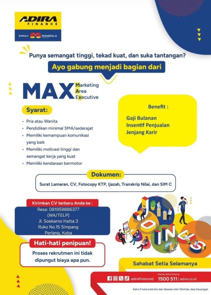 disnaker_babel's tweet photo. info LOker ADIRA FINANCE-Bangka Tengah

untuk posisi MARKETING AREA EXECUTIVE, penempatan Bangka Tengah(Koba).

https://t.co/N9AEChK5Pl

#disnakerbabel https://t.co/vtnF9gxWXE