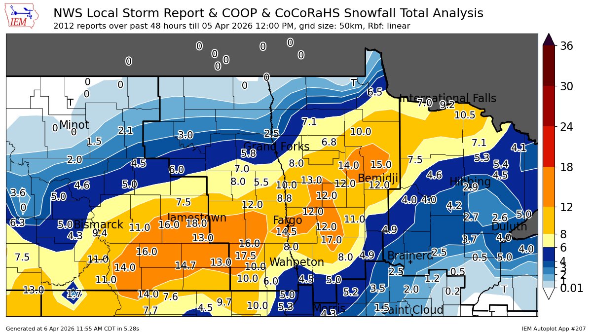 It took a while,  but our office composed all the storm total reports for our area and then using those from surrounding offices,  got a snowfall map from the last event over 48 hour period ending noon Sunday April 5th.  #NDwx #MNwx