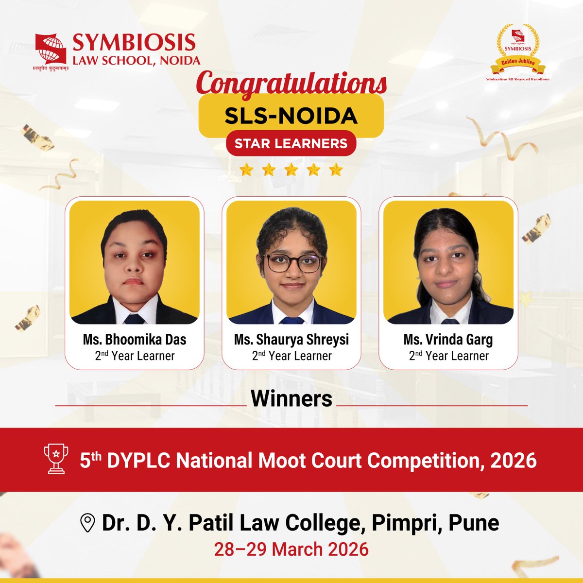 LawNoida's tweet image. A proud win for SLS NOIDA.
Congratulations to Ms. Bhoomika Das, Ms. Shaurya Shreysi, and Ms. Vrinda Garg on emerging as Winners at the 5th DYPLC National Moot Court Competition, 2026. .
.
.
#Advocacy #MootCourt #SLSNOIDA