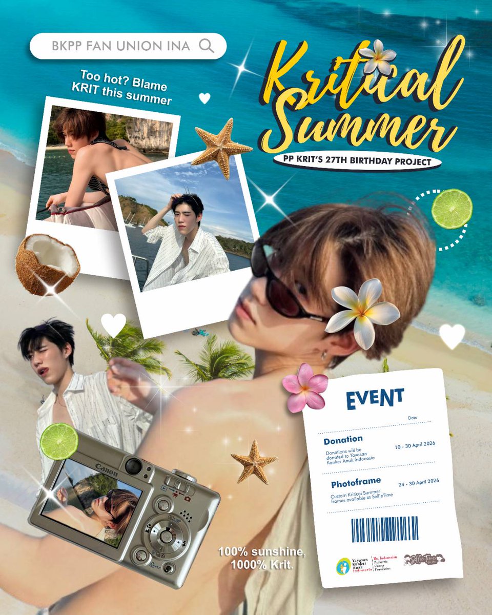 𝗣𝗣 𝗞𝗥𝗜𝗧'𝘀 27𝘁𝗵 𝗕𝗶𝗿𝘁𝗵𝗱𝗮𝘆 𝗣𝗿𝗼𝗷𝗲𝗰𝘁 💫

Join us at the "KRITical Summer" of PP Krit Birthday Project and be part of the excitement! 🌊

◇ Donation : 10 - 30 April 2026
◇ Photobooth : 24 - 30 April 2026

Details soon!
#PPKritt
#LovelyPP
#KRITicalSummer