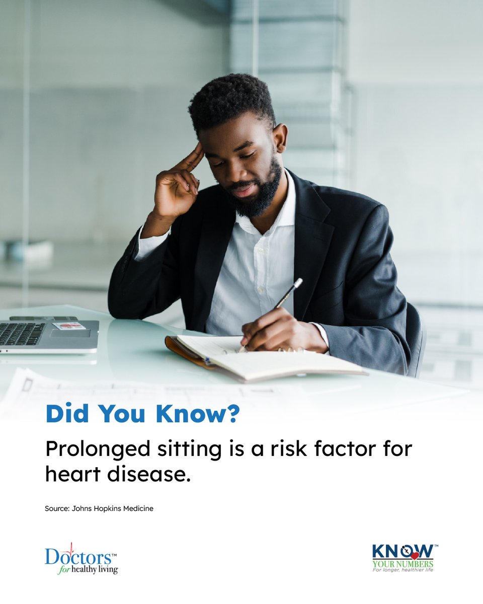 Doctors4HL's tweet photo. Did You Know? Sitting for long periods increases your risk of heart disease. Too much inactivity isn’t good for your heart. Stand up. Stretch. Take a short walk. #KnowYourNumbers https://t.co/tf4uauHm5p