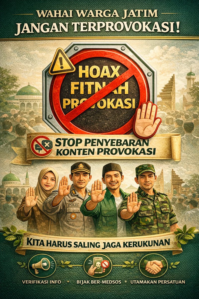 DamiIndana's tweet photo. Jaga Jawa Timur tetap kondusif! Jangan mudah terpancing isu yang memecah belah. Mari kita saring sebelum sharing demi kerukunan bersama.
#JatimDamai #AntiHoax #JagaKerukunan #JatimKondusif #TurnBackHoax https://t.co/TFbBCFw0qc