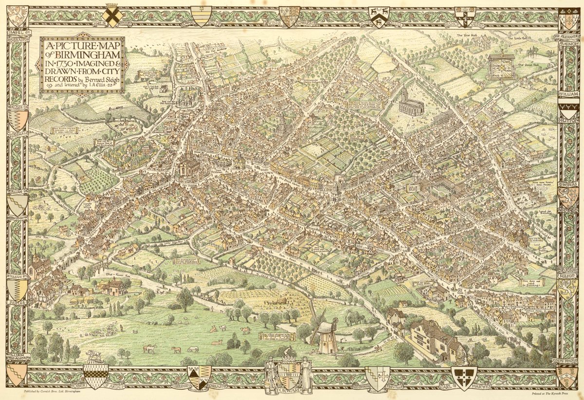 TheIronRoom's tweet photo. #MapOnATuesday is a picture map of Birmingham in the year 1730. Imagined and designed from official records with an introductory note by Bernard Sleigh (1872 – 1954) - the Birmingham born artist and illustrator (1924). Ref: LF 83.3/309631 @LibraryofBham https://t.co/Mlys8uQHxC