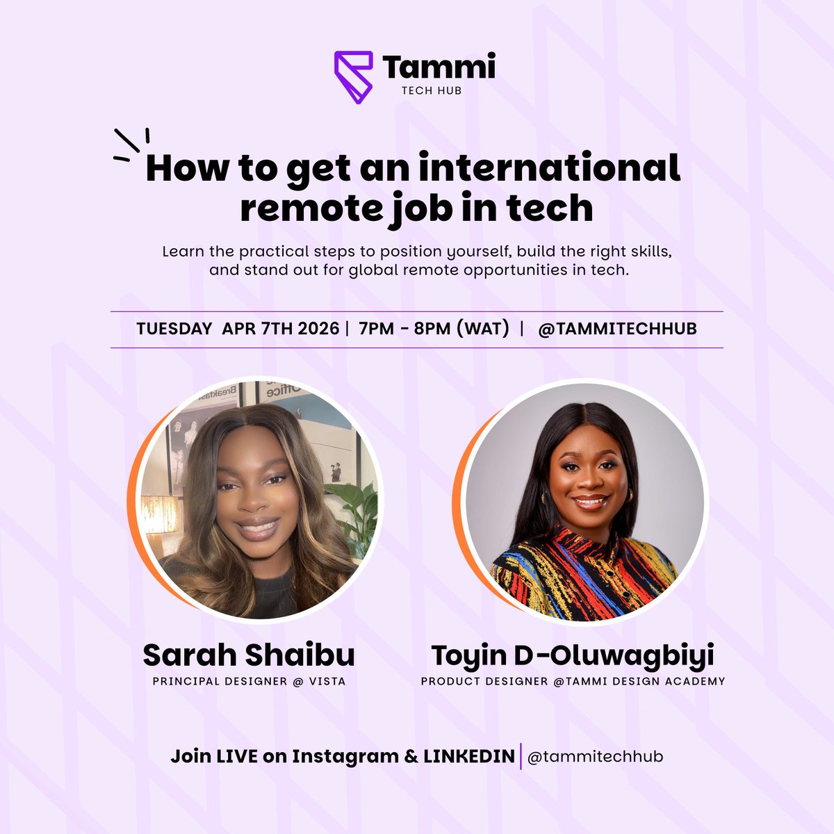 ty_danels's tweet image. Tonight at 7pm WAT I am going live on Instagram with @MissNefee Principal Designer at Vista  to talk about how to get an international remote job in tech from Africa.
Register for free here 👉 forms.gle/WAZbhUemicZGCg…
#remotework #womenintech