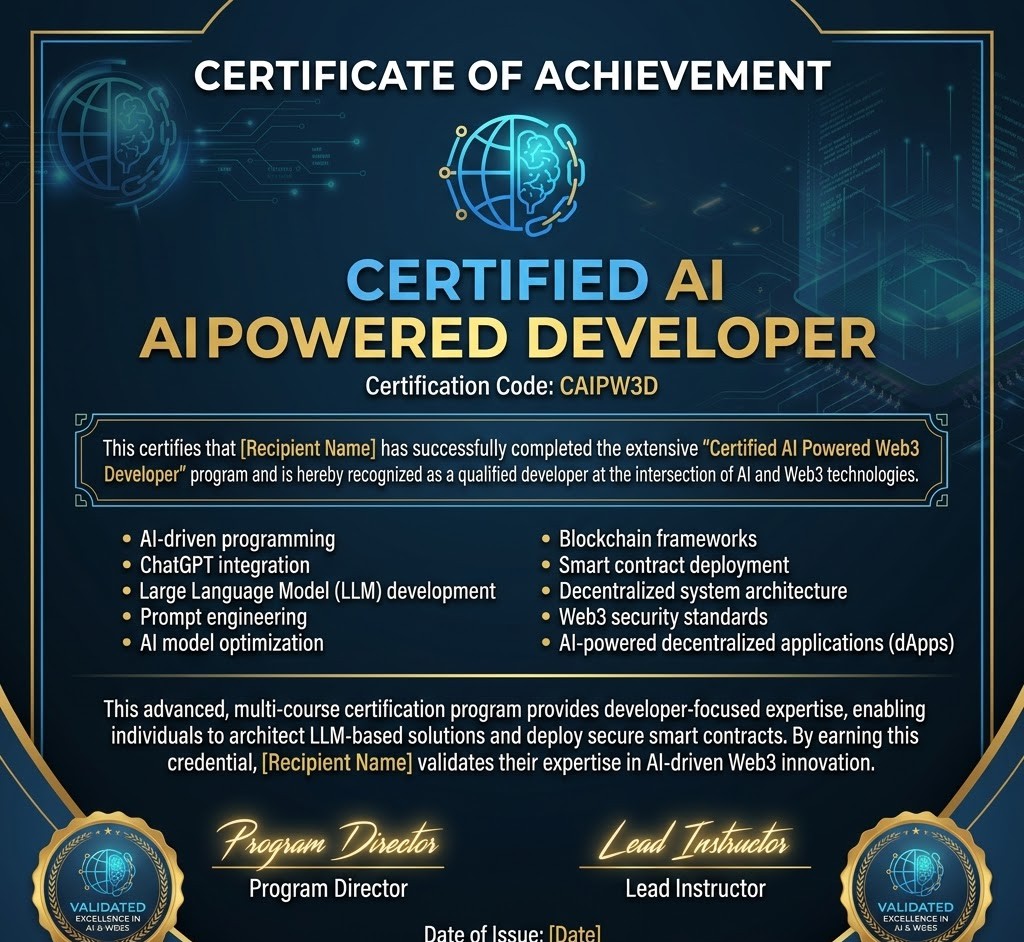 Bitnian_Bitnian's tweet photo. Become a Certified AI Powered Web3 Developer (CAIPW3D) and master AI, ChatGPT, LLMs, blockchain frameworks, and smart contracts. Build AI-powered dApps, optimize models, and lead the future of Web3 innovation

#AI #Web3 #Blockchain #ChatGPT #SmartContracts #Web3Developer #Bitnian https://t.co/mkNx6TRf2C