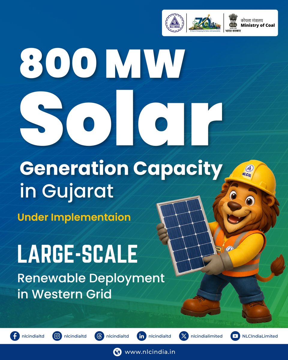 nlcindialimited's tweet image. NLCIL is implementing 800 MW of solar capacity in Gujarat, enhancing renewable power availability in the western grid and supporting decarbonisation goals.

#SolarEnergy #NLCIL #RenewableEnergy #Gujarat 
@CoalMinistry @KishanReddyOfc @satishdubeyy