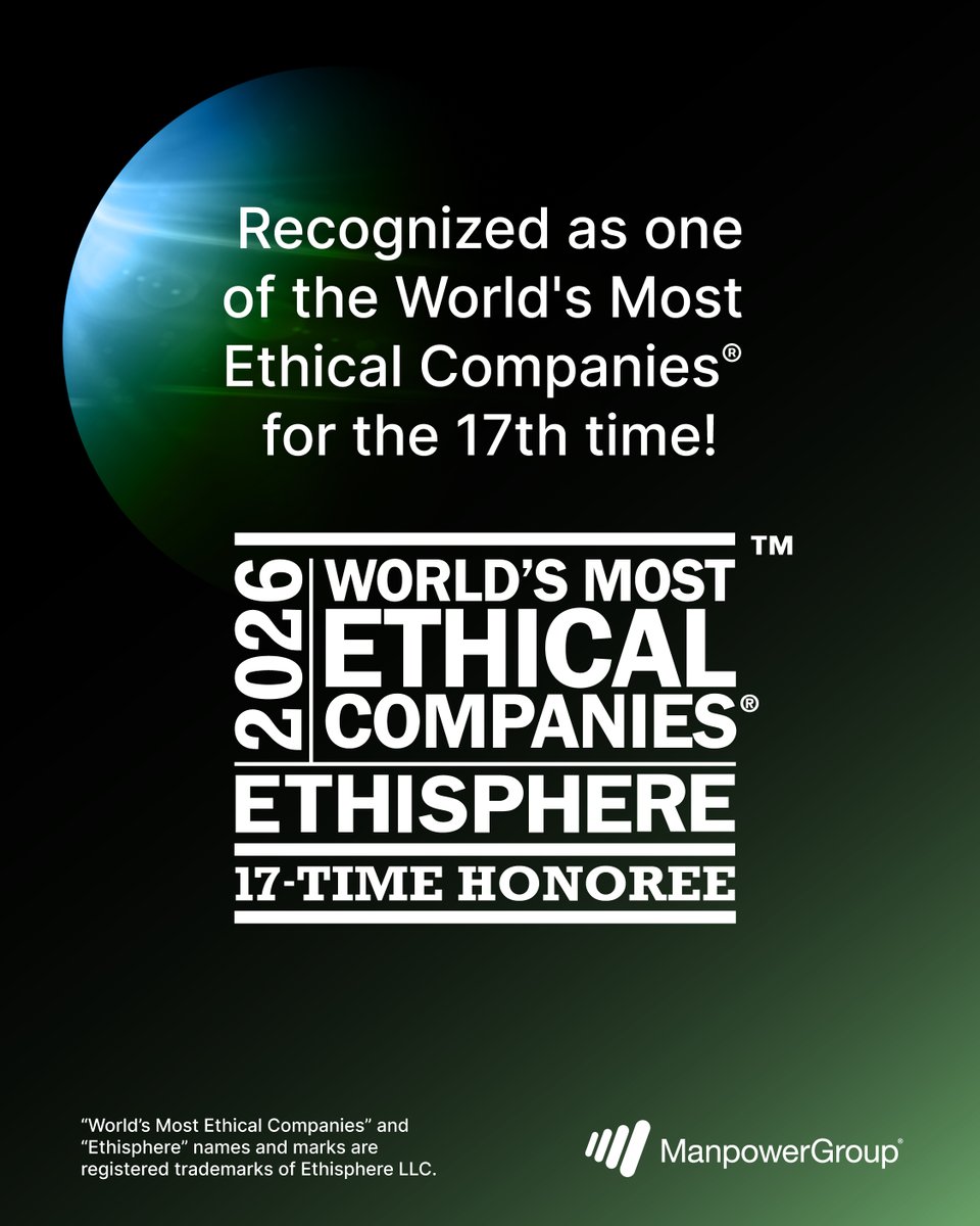 mk4shif's tweet photo. For the 17th time, #ManpowerGroup has been named one of the World’s Most Ethical Companies® by #Ethisphere! We are forever grateful for our people whose integrity brings this mission to life every day!

Full list: https://t.co/r0ciN1ZFBe https://t.co/Ls71lV44TD