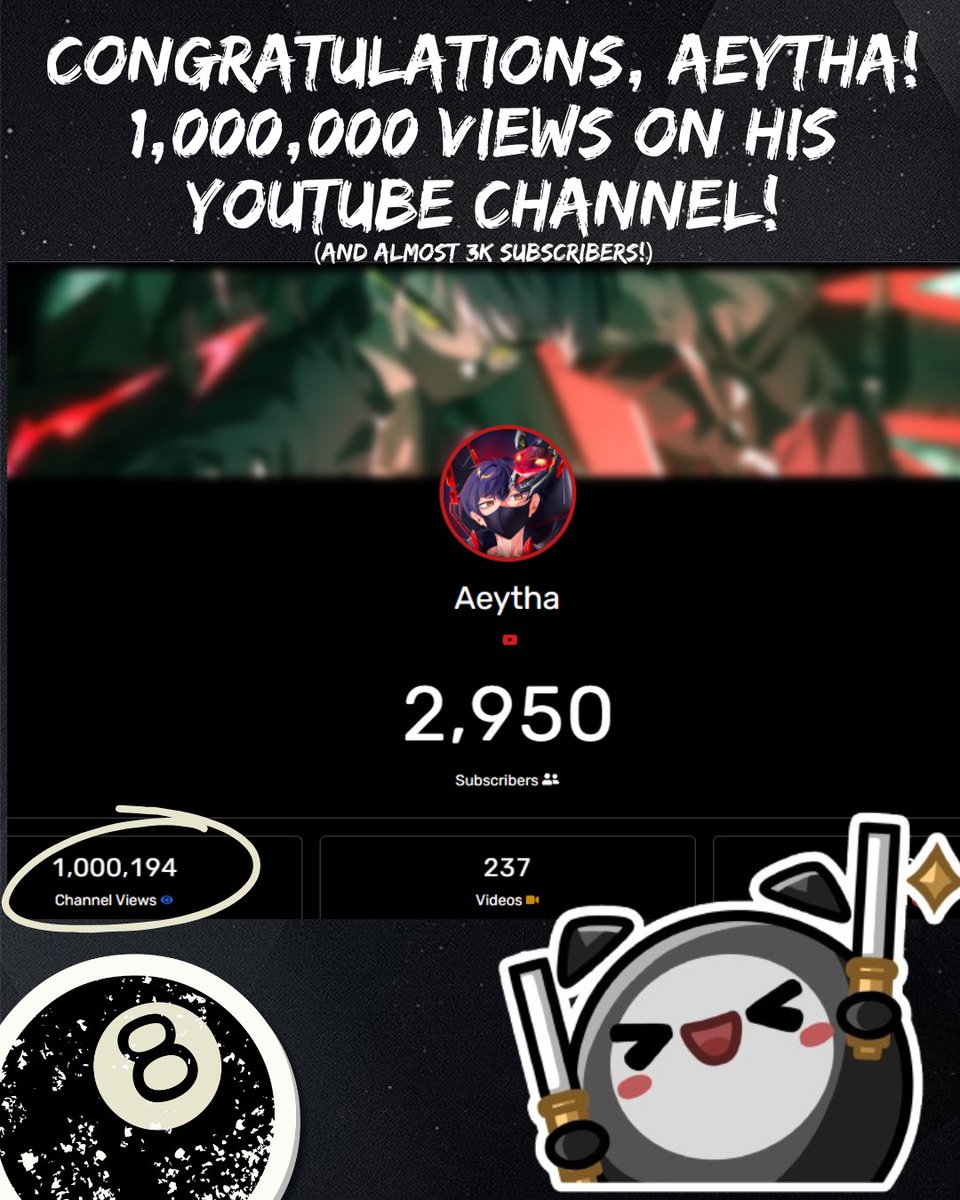 AeythasCorner's tweet photo. "No great achievement is possible without persistent work." - Bertrand Russel
Conngratulations, Aeytha on achieving a MILLION views on the channel! Yippee! And we are almost 3K subscribers too! 🎱🖤🥳
#Aeytha https://t.co/aaTkdKb8NB