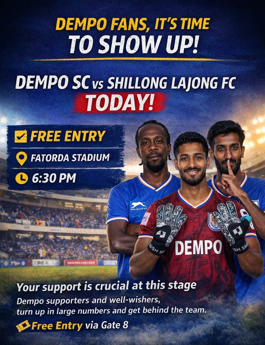 demposcofficial's tweet photo. This team has given everything on the pitch.
Now it’s our turn.

This is the least we can do… show up, stand together, and back the boys.
⏰ Kickoff: 6:30 PM
🏟️ Fatorda Stadium
Let’s make them feel it tonight.
#DempoSC #GoldenEagles #GoaFootball #IndianFootball https://t.co/0TAKGtVf3W