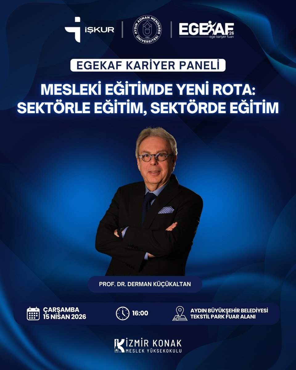 İŞKUR ve Adnan Menderes Üniversitesi ev sahipliğinde düzenlenecek olan EGEKAF kapsamında düzenlenecek kariyer panelinde, “Mesleki Eğitimde Yeni Rota: Sektörle Eğitim, Sektörde Eğitim” başlıklı sunum, yüksekokul müdürümüz Prof. Dr. Derman Küçükaltan tarafından gerçekleştirilecek.
