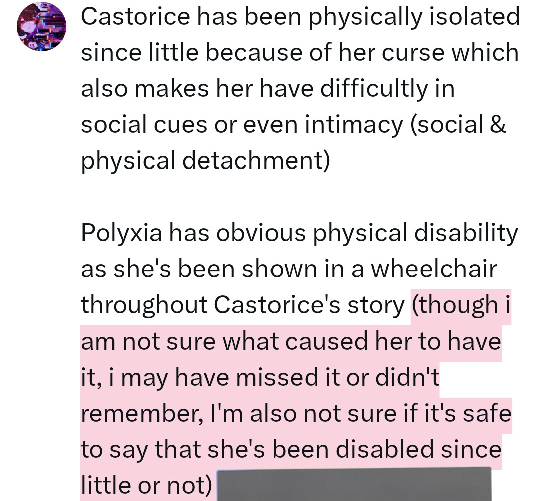 castorueyi's tweet image. Next, Castorice &amp;amp; Polyxia!

Adding up, that Polyxia may have shown signs of survival guilt over Castorice's death and Castorice suffer from amnesia after her death.

I'd like to add, if possible (or maybe as a metaphor) Xueyi's body being a prosthetic vessel &amp;amp; Hanya's insomnia.