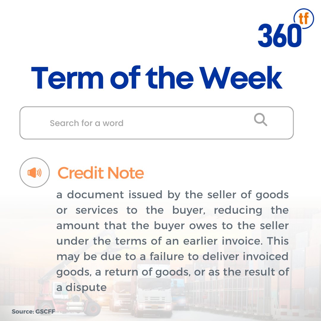 360tf's tweet photo. Term of the week

Word - "Credit Note"  
 
For any queries related to trade finance, please reach out through info@360tf.trade  
 
Download our App: https://t.co/jyj5Yu09LE 
 
Follow 360tf for more updates  
 
#TermOfTheWeek #CreditNote #TradeFinance #KnowledgePost https://t.co/9iKYHoVfnY