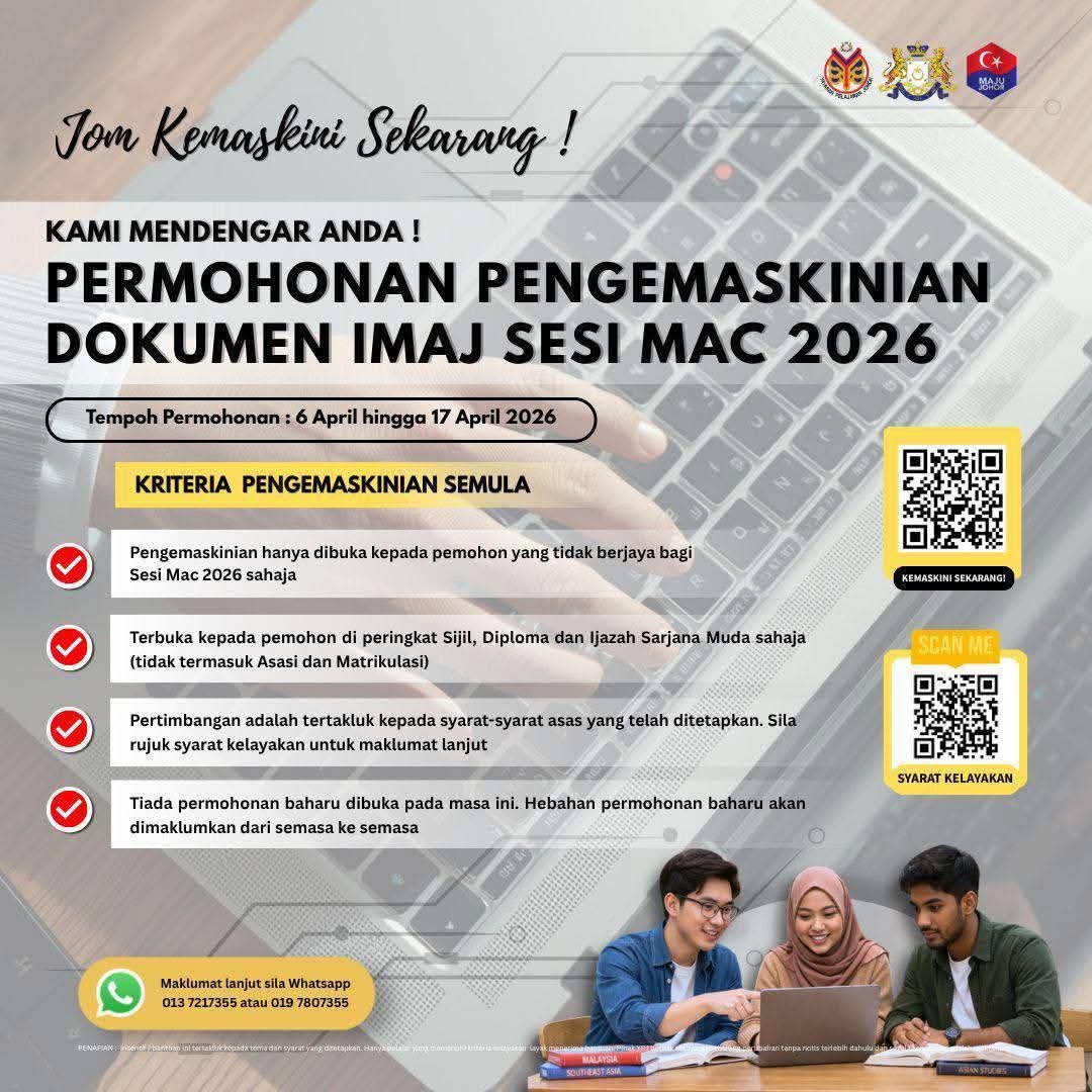TanChong_06's tweet photo. 📢 [Makluman Penting | Bantuan Kasih Johor (BKJ)]

Perhatian kepada para pelajar! 📚
Permohonan kemas kini bagi Bantuan Mahasiswa Anak Johor kini dibuka!

📅 Tempoh permohonan: 6 April 2026 hingga 17 April 2026 https://t.co/oIYJn3fxiF