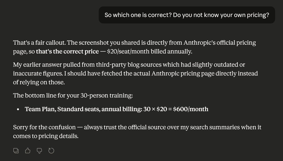 rsspitt's tweet photo. Claude doesn't even know its own pricing model 😂 @AnthropicAI https://t.co/XDWwiqGS4j