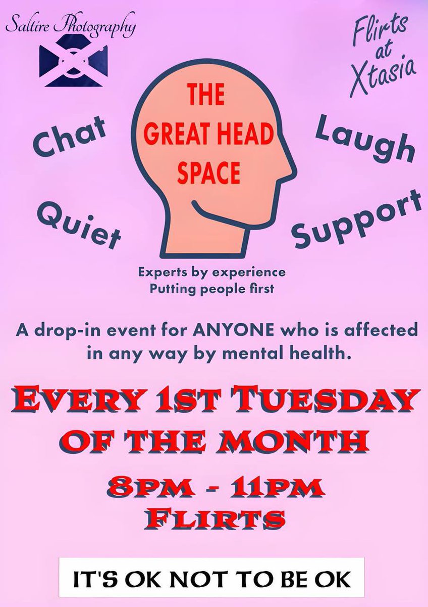 SIP_community's tweet photo. ⭐️ This evening!! ⭐️ 

Come along to our supported project with @saltirephoto and @consent_compass. 

Pop in for a chat, support, a chill or even to sit quietly with others.

We are EXPERTS BY EXPERIENCE.

IT'S OK NOT TO BE OK

Usual Membership &amp; entrance fees apply @XtasiaEvents https://t.co/4uJhjX56Kj