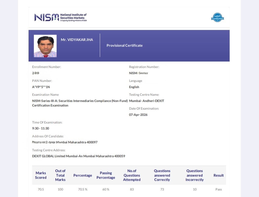 Vidyakar's tweet image. Mark sheet #NISM #Exam