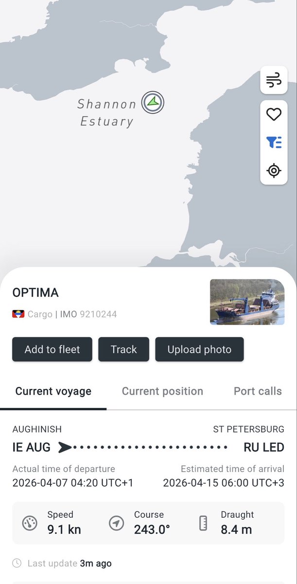 realLangerDan's tweet photo. 🚨New Cargo Trip from Aughinish, Ireland to Russia delivering Alumina which is a great value to the Russian war machine slipping out of the Shannon Estuary this morning. 

This vessel appears to be owned by a Latvian company.

This is not acceptable. @OckersM https://t.co/Ru3T8mVlbw