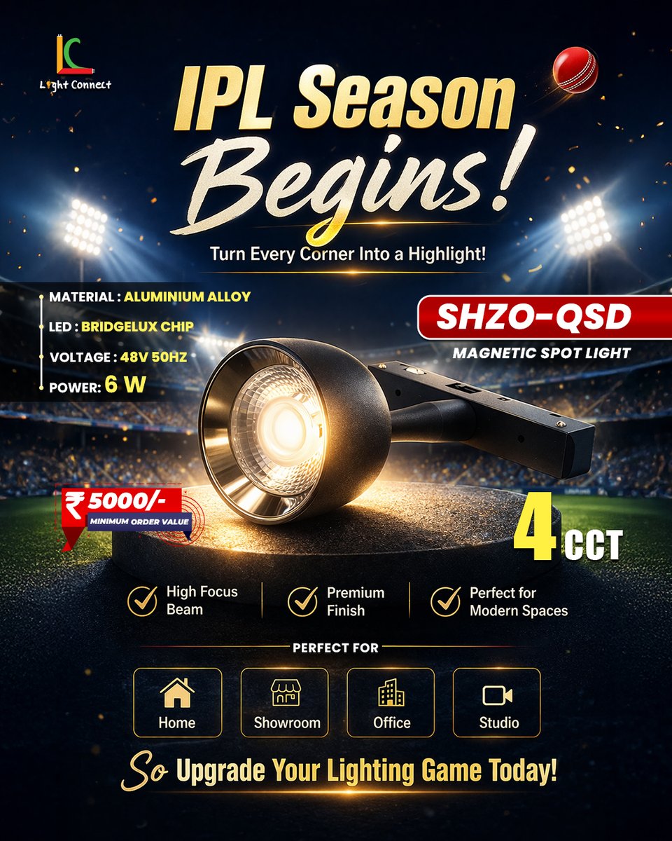 Thelightconnect's tweet photo. IPL vibes on, lights game strong 🏏💡Upgrade with SHZO-QSD Magnetic Spot Light
✔ 6W | 4 CCT | Focus Beam💰 Min Order: ₹5000/-#IPLSeason #LightConnect #LEDLighting #LightingGame https://t.co/YQHEjMhXnj