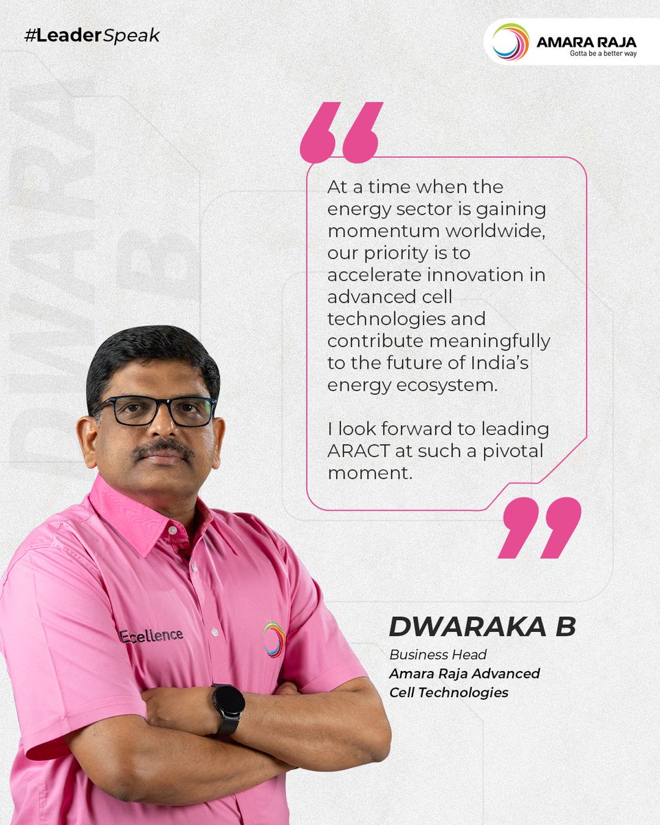 AmaraRaja_Group's tweet photo. Energy solutions worldwide are shifting toward efficiency, sustainability, and reliability.

As our Business Head at ARACT, Dwaraka B notes, our focus is on developing advanced cell technologies that meet these demands consistently.

#ARACT #AmaraRaja #AdvancedCellTechnologies https://t.co/RChWmWrnr0